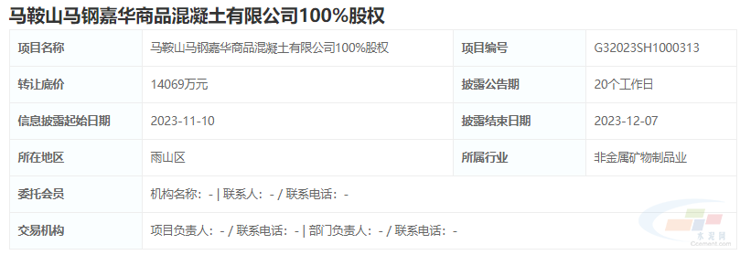 底價(jià)1.4億元！馬鞍山馬鋼嘉華商品混凝土100%股權(quán)掛牌轉(zhuǎn)讓，互聯(lián)網(wǎng)銷售布局或啟新篇